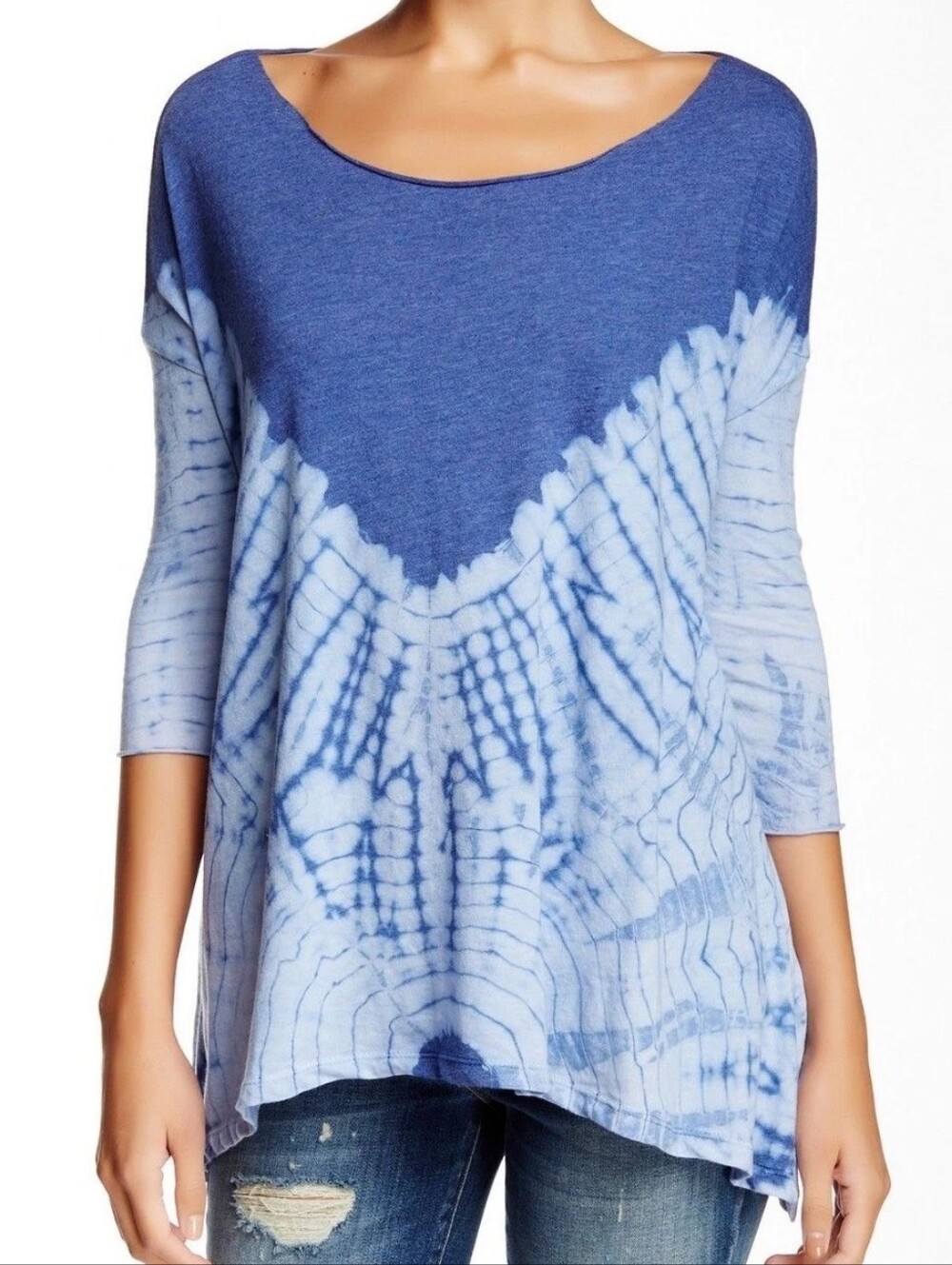 FREE PEOPLE La Livin Coastal 3/4 Sleeve Jersey Tee Tye Dye Indigo Med New